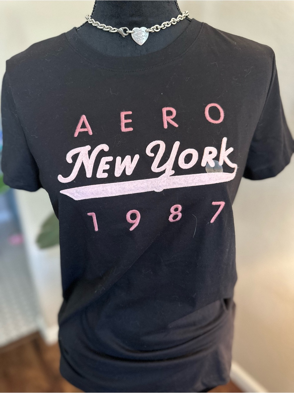 Aeropostale Black Tee with Pink Script "New York 1987"